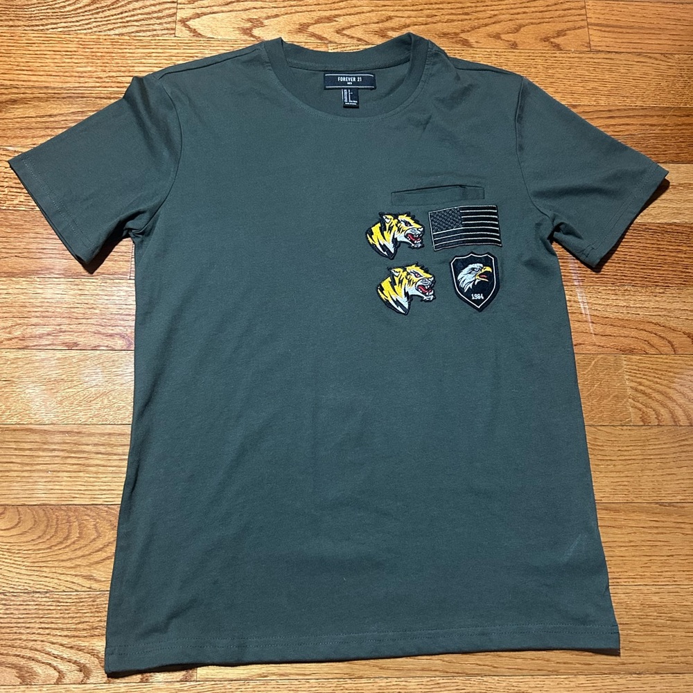 Forever 21 Dark Green Tee with Graphic Patches